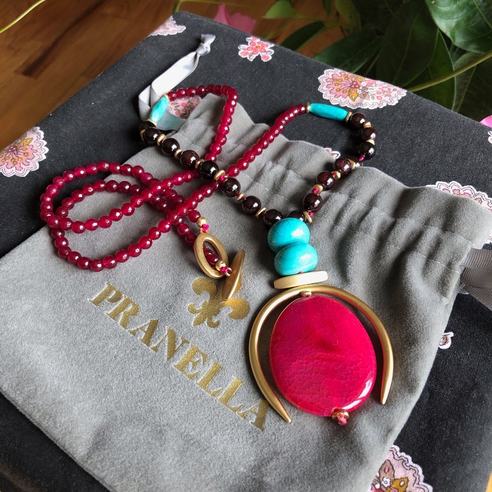 Long, multi-colored stone necklace